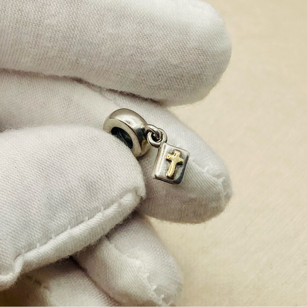 EUC Pandora 790409 Sterling Silver Bible Dangle Bead w/ 14k Yellow Gold Cross - Picture 3 of 9